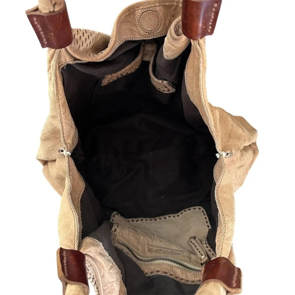 49 Square Miles Nubuck Leather Slouchy Hobo Shoulder Bag Perforated Tan Tote - Picture 12 of 14